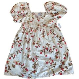 100% Cotton Ruffle Sleeve Strawberry Print Square Neck Smocked Bodice Midi Dress